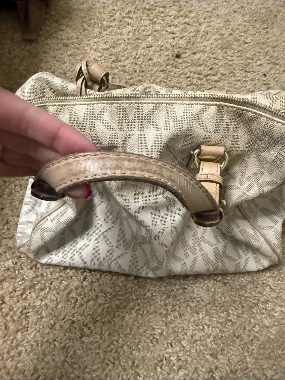 Michael Kors Cream Logo Satchel with Tan Leather Trim